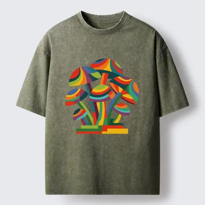 Tokyo-Tiger Retro Rainbow Mushroom Art Washed T-Shirt