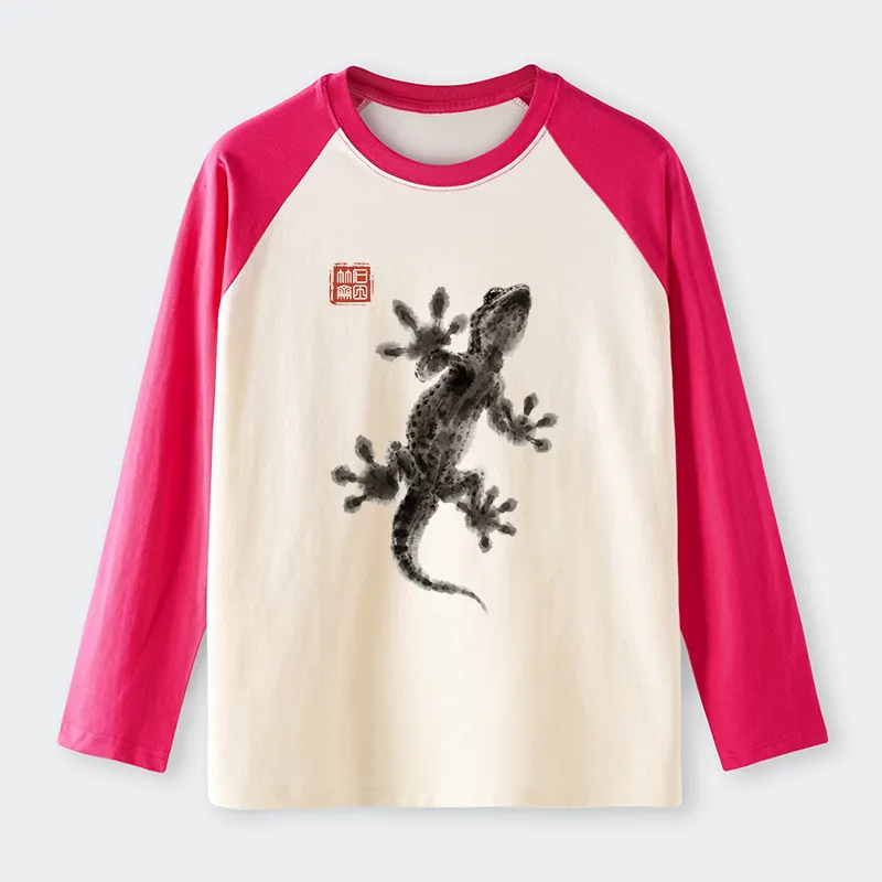 Tokyo-Tiger Minimal Asian Ink Brush Gecko Vibe Raglan Long Sleeve T-shirt