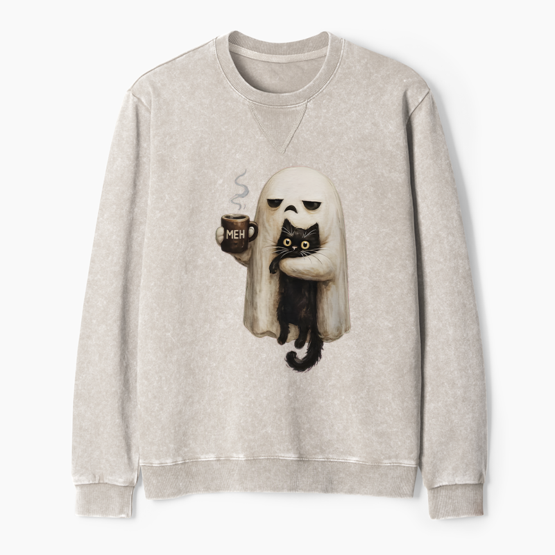 Tokyo-Tiger Ghost Cat Coffee Mood Washed Terry Sweatshirt