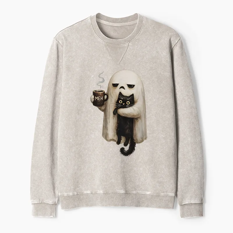 Tokyo-Tiger Ghost Cat Coffee Mood Washed Terry Sweatshirt
