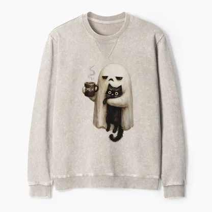 Tokyo-Tiger Ghost Cat Coffee Mood Washed Terry Sweatshirt