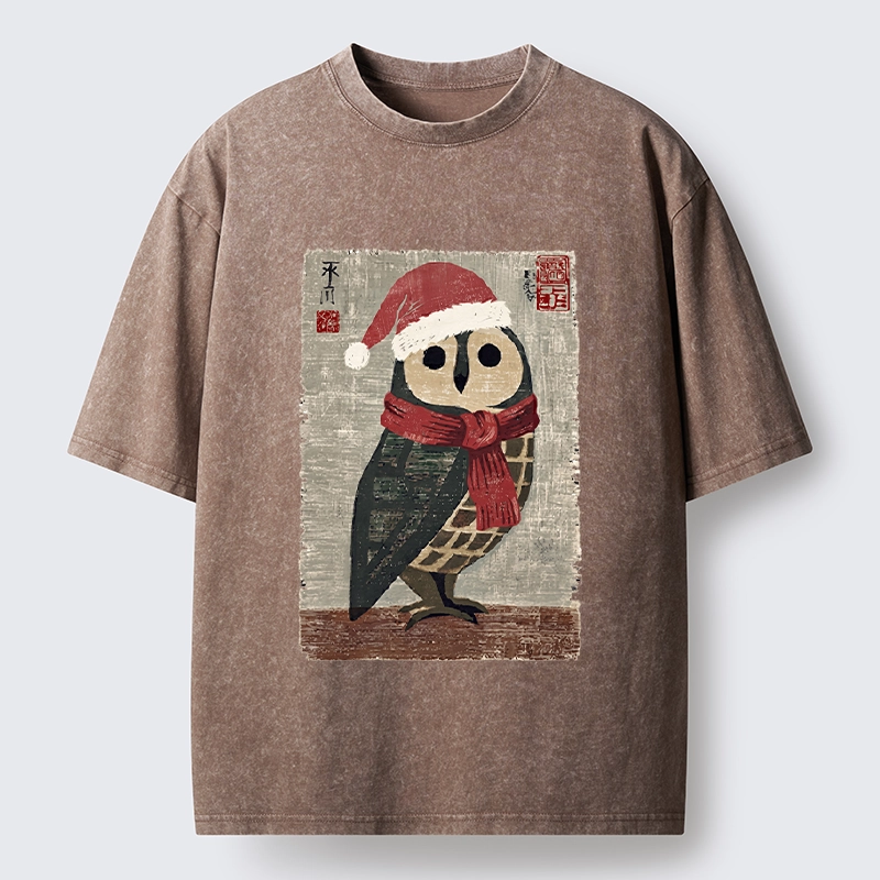 Tokyo-Tiger Christmas Owl Santa Hat Washed T-Shirt