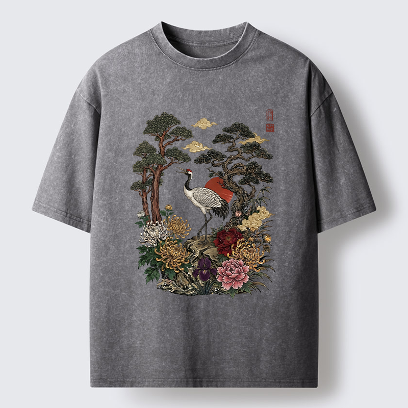 Tokyo-Tiger Vintage Crane Pine Tree Art Washed T-Shirt