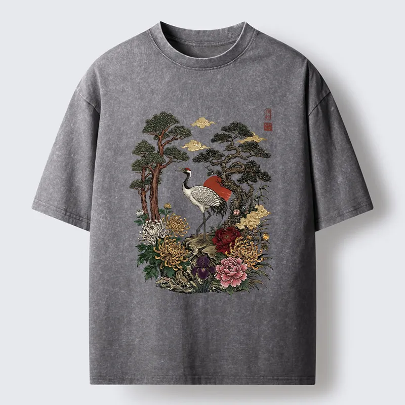 Tokyo-Tiger Vintage Crane Pine Tree Art Washed T-Shirt
