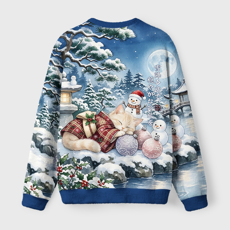 Tokyo-Tiger Peaceful New Year in Snowy Garden Cat Fuzzy Christmas Ugly Sweatshirt