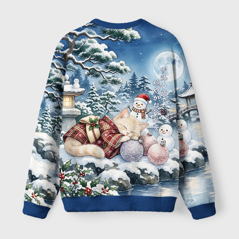 Tokyo-Tiger Peaceful New Year in Snowy Garden Cat Fuzzy Christmas Ugly Sweatshirt