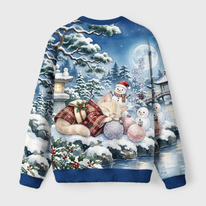 Tokyo-Tiger Peaceful New Year in Snowy Garden Cat Fuzzy Christmas Ugly Sweatshirt