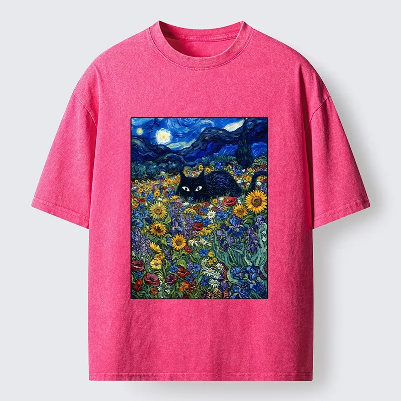 Tokyo‑Tiger Starry Night Cat Washed T‑Shirt