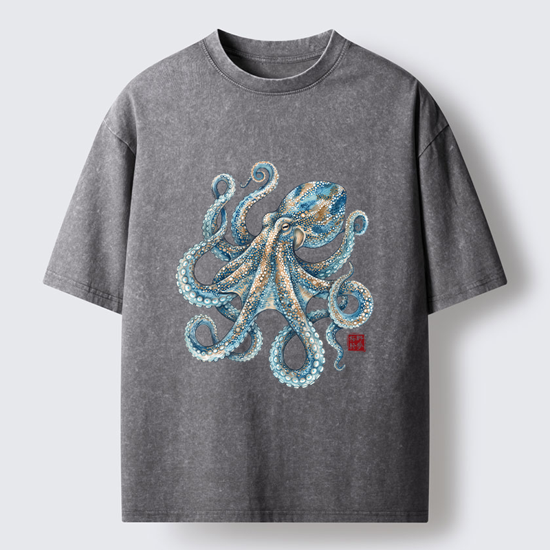 Tokyo-Tiger Ocean Octopus Art Washed T-Shirt