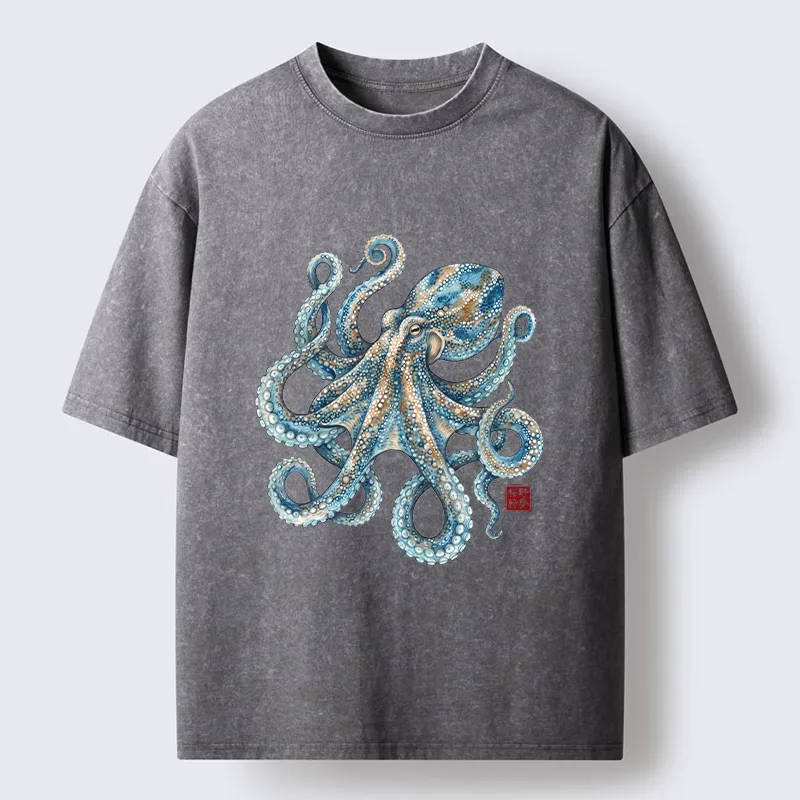 Tokyo-Tiger Ocean Octopus Art Washed T-Shirt