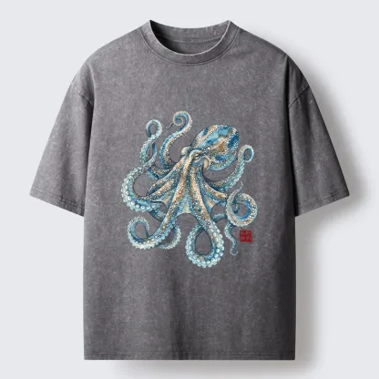 Tokyo-Tiger Ocean Octopus Art Washed T-Shirt