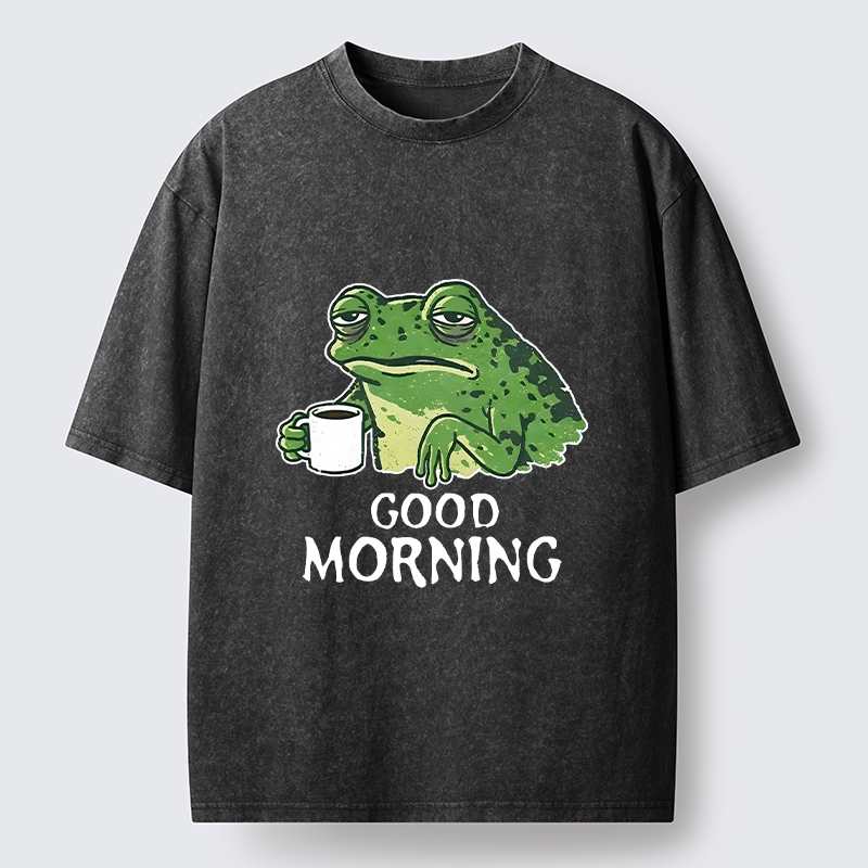 Tokyo-Tiger Morning Coffee Frog Meme Washed T-Shirt