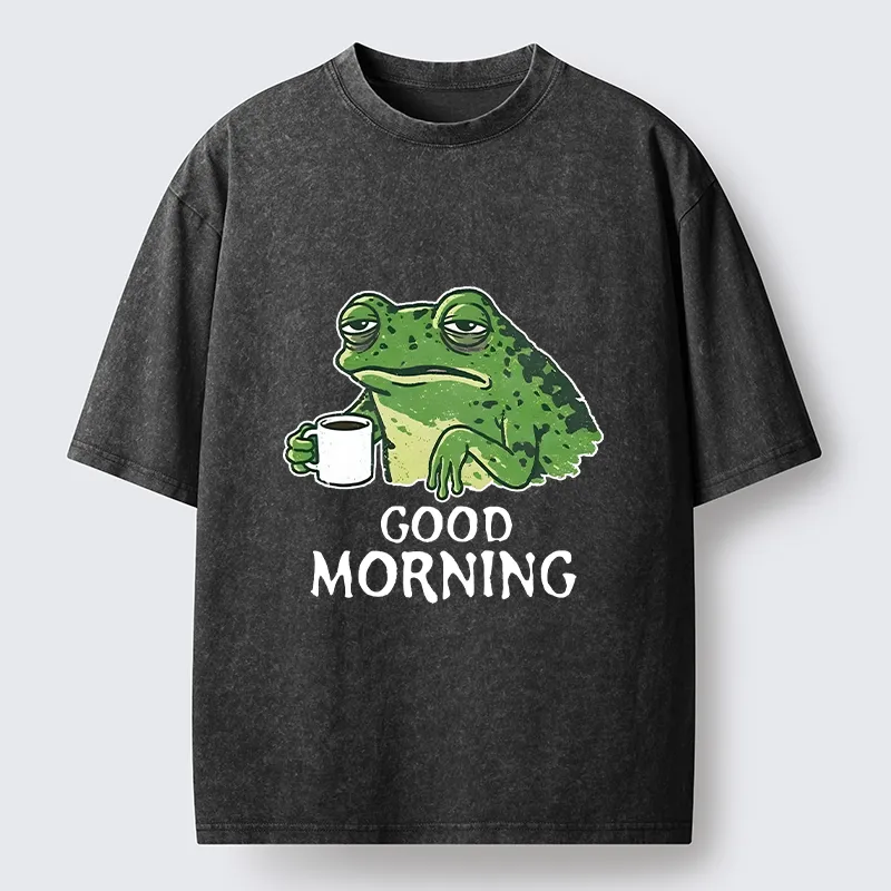 Tokyo-Tiger Morning Coffee Frog Meme Washed T-Shirt