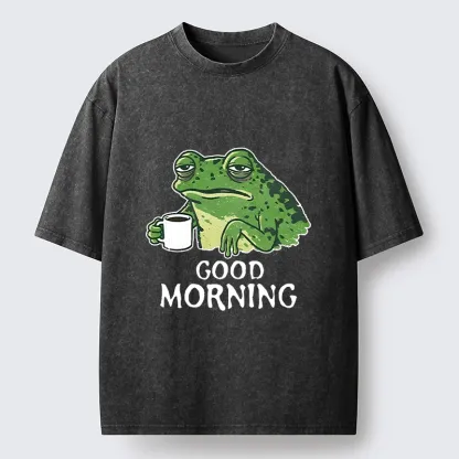 Tokyo-Tiger Morning Coffee Frog Meme Washed T-Shirt