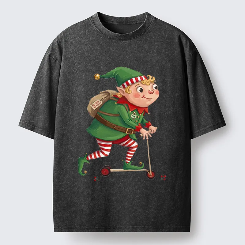 Tokyo-Tiger Christmas Elf Scooter Ride Washed T-Shirt