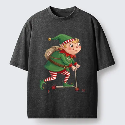 Tokyo-Tiger Christmas Elf Scooter Ride Washed T-Shirt