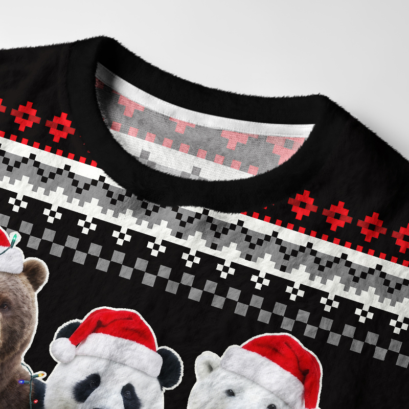 Tokyo-Tiger Three Bears Stand Together Black Fuzzy Christmas Ugly Sweatshirt