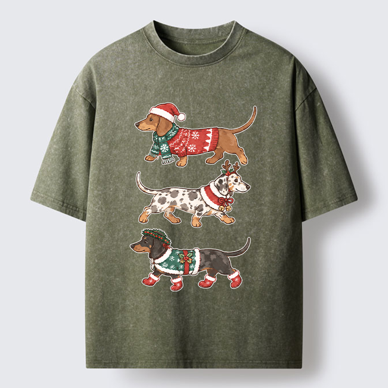 Tokyo-Tiger Christmas Dachshund Trio Washed T-Shirt