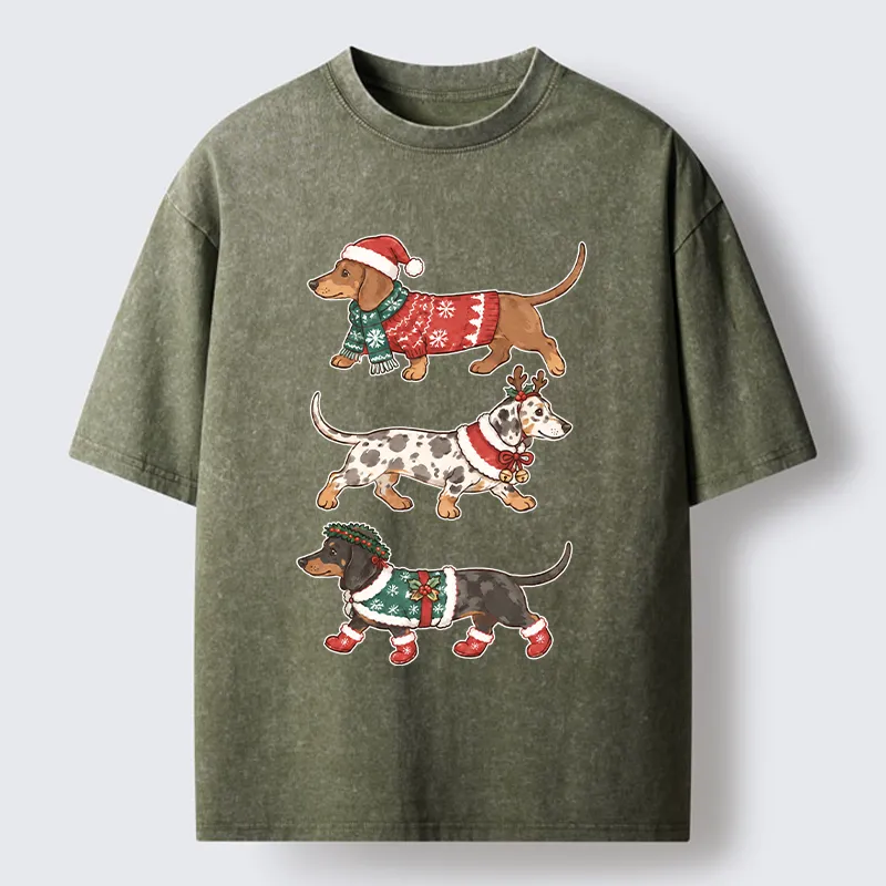 Tokyo-Tiger Christmas Dachshund Trio Washed T-Shirt