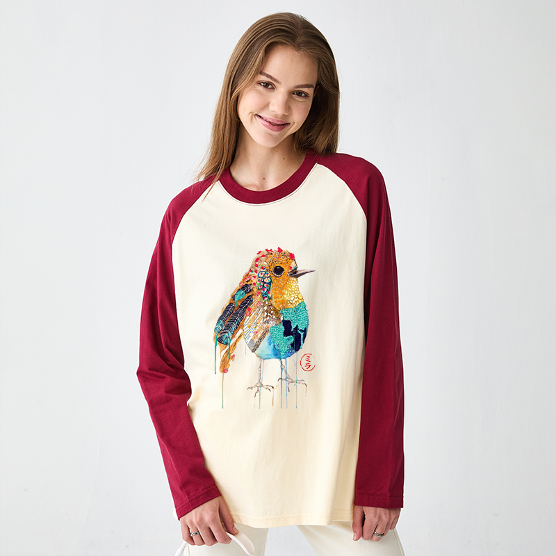 Tokyo-Tiger Sparkly Wild Bird Raglan Long Sleeve T-shirt