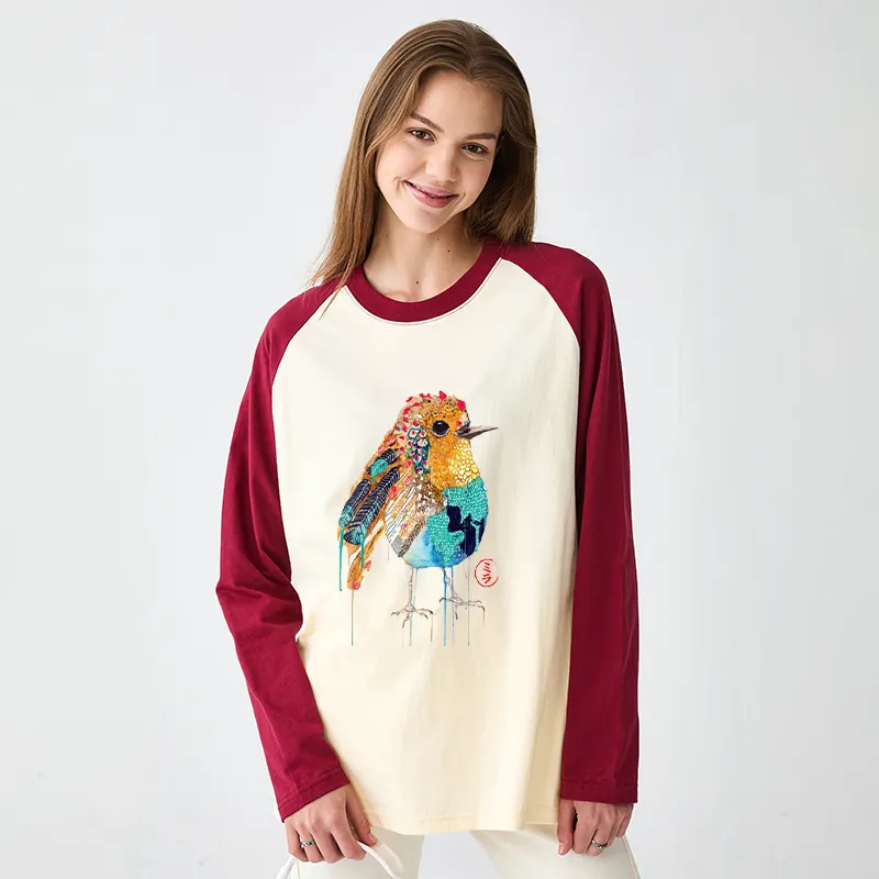 Tokyo-Tiger Sparkly Wild Bird Raglan Long Sleeve T-shirt