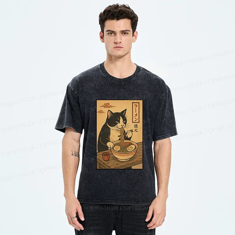 Tokyo-Tiger Tuxedo Cat Eats Ramen Washed T-Shirt