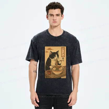Tokyo-Tiger Tuxedo Cat Eats Ramen Washed T-Shirt
