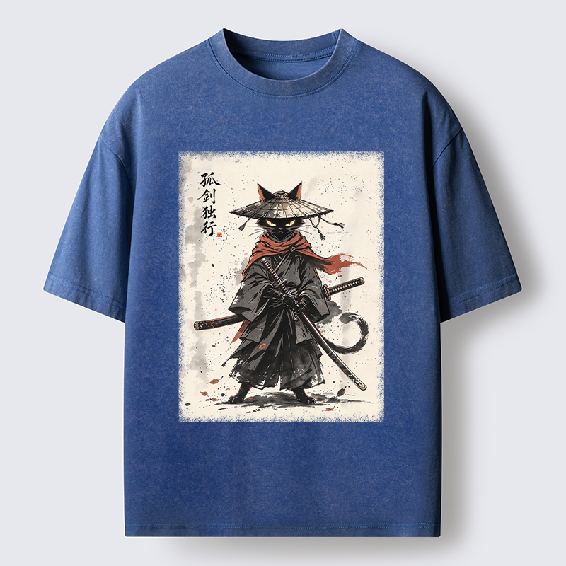 Tokyo-Tiger Lone Samurai Cat Ink Art Washed T-Shirt