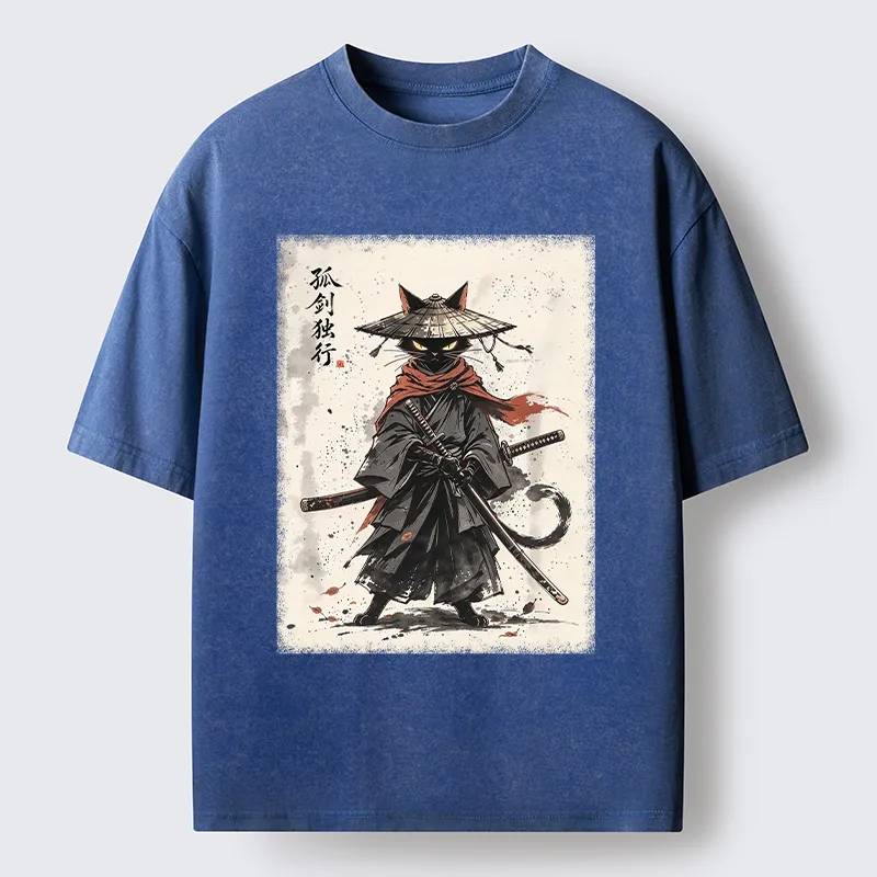 Tokyo-Tiger Lone Samurai Cat Ink Art Washed T-Shirt