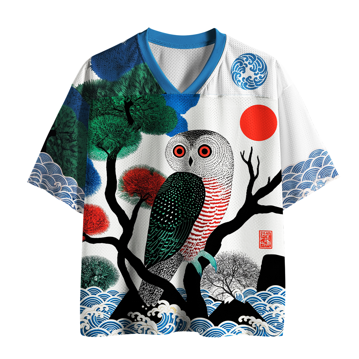 Tokyo-Tiger Ukiyo-e Owl Red Sun Pine Wave Mesh Jersey