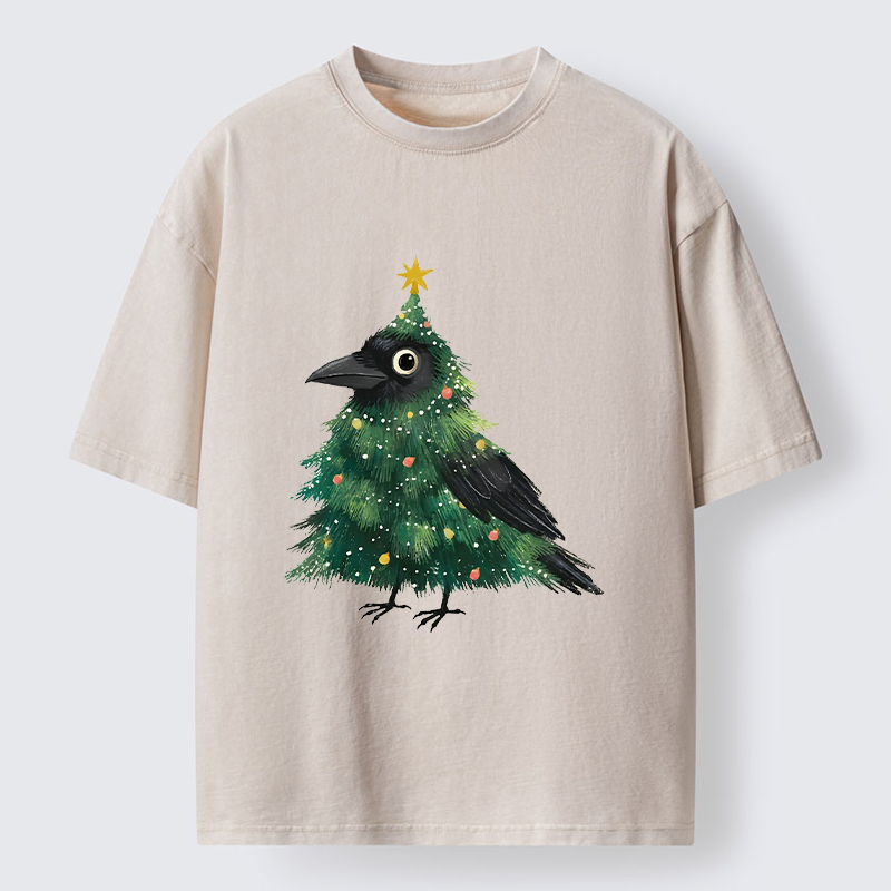 Tokyo-Tiger Cute Christmas Tree Crow Washed T-Shirt