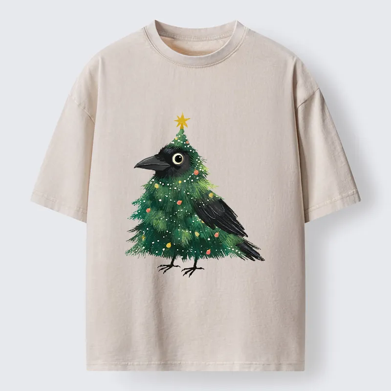 Tokyo-Tiger Cute Christmas Tree Crow Washed T-Shirt