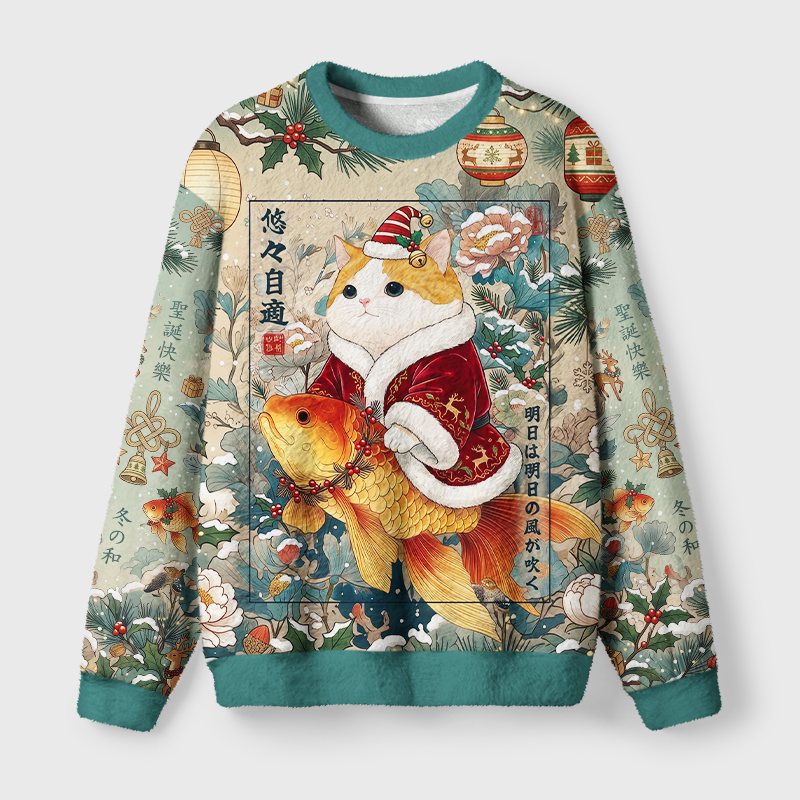 Tokyo-Tiger Lucky Koi Cat Fuzzy Christmas Ugly Sweatshirt