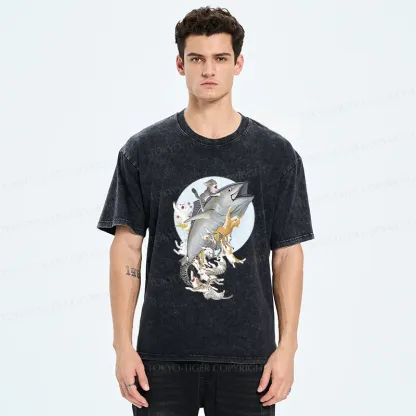 Tokyo-Tiger Cats Caught Tuna Washed T-Shirt