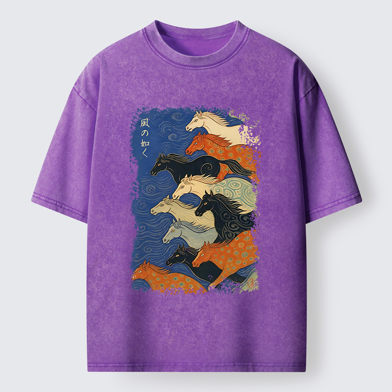 Tokyo-Tiger Vintage Japanese Running Horses Art Washed T-Shirt
