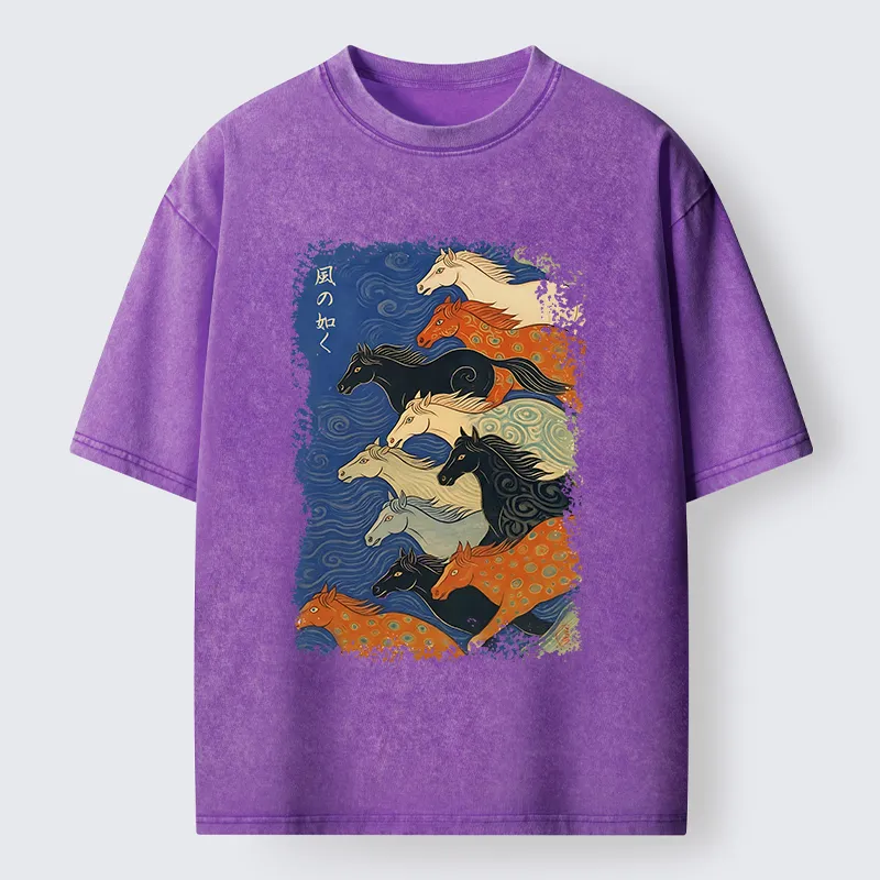 Tokyo-Tiger Vintage Japanese Running Horses Art Washed T-Shirt