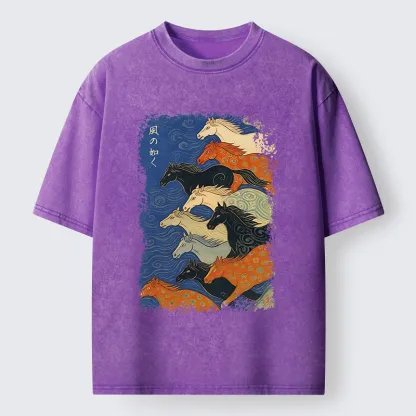 Tokyo-Tiger Vintage Japanese Running Horses Art Washed T-Shirt