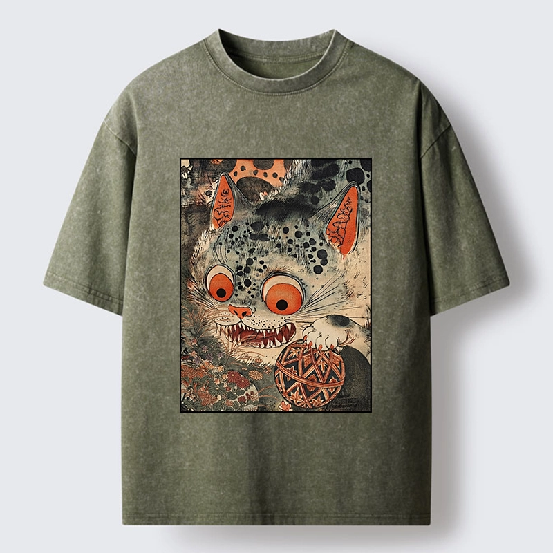 Tokyo‑Tiger Funny Yokai Cat Washed T‑Shirt
