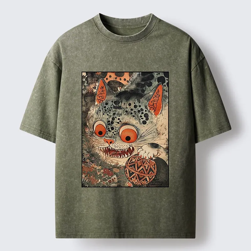 Tokyo‑Tiger Funny Yokai Cat Washed T‑Shirt