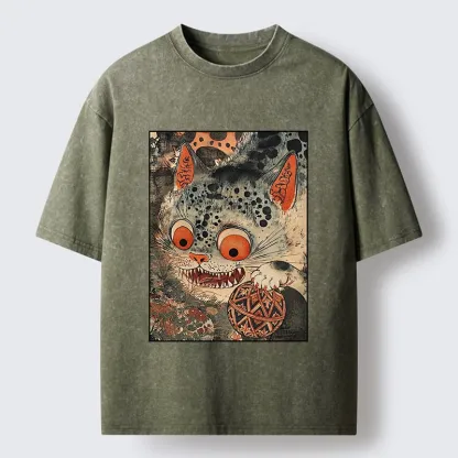 Tokyo‑Tiger Funny Yokai Cat Washed T‑Shirt