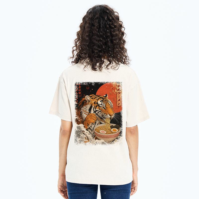 Tokyo-Tiger Ukiyoe Japan Tiger Eating Ramen Back Washed T-Shirt