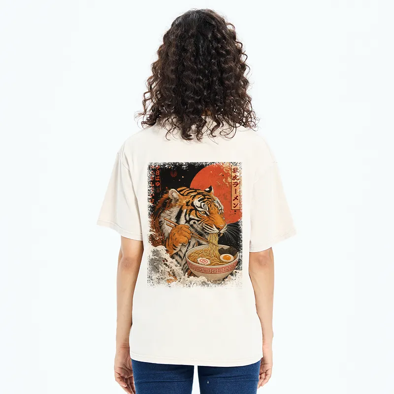 Tokyo-Tiger Ukiyoe Japan Tiger Eating Ramen Back Washed T-Shirt