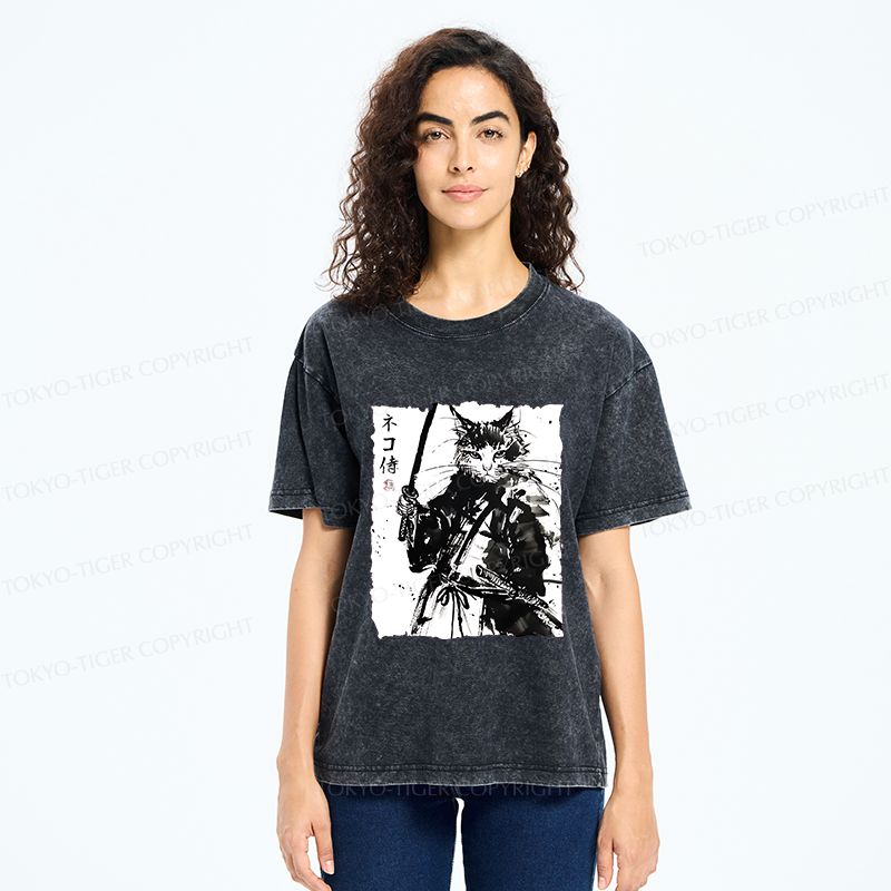 Tokyo-Tiger Ink Painting Cat Samurai Washed T-Shirt