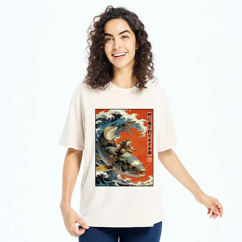 Tokyo-Tiger Ukiyo E Cat Fishing Art Washed T-Shirt