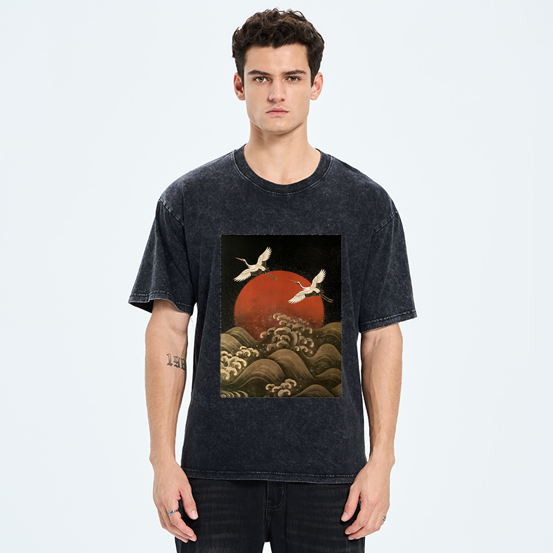 Tokyo-Tiger Japanese Crane Wave Art Washed T-Shirt