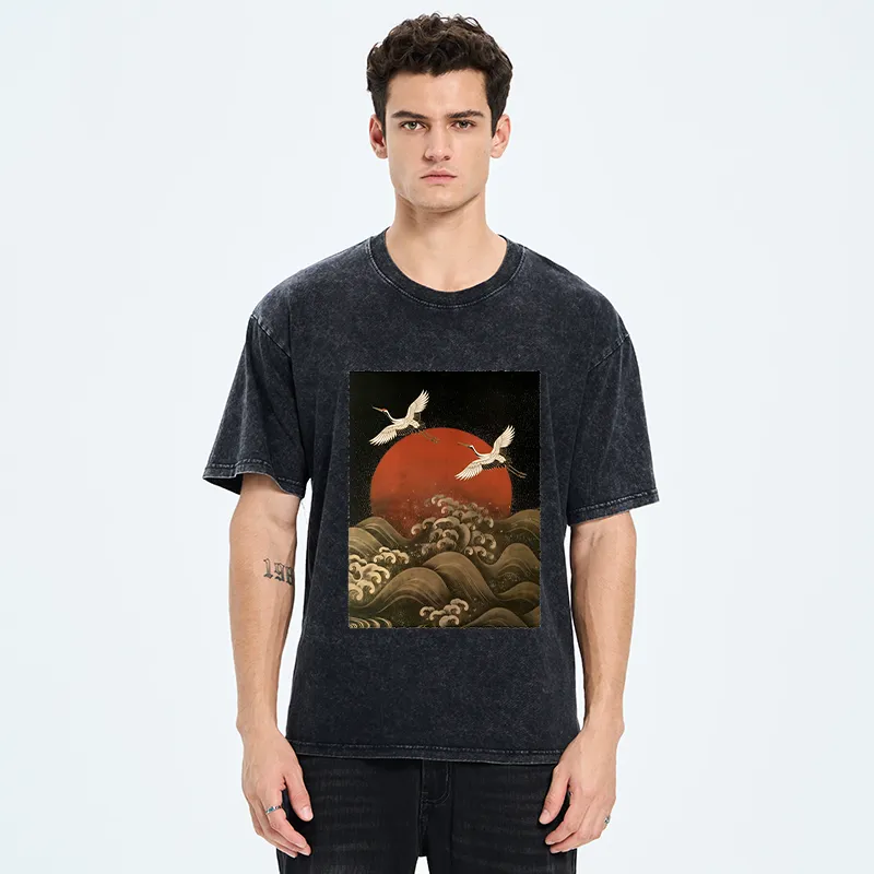Tokyo-Tiger Japanese Crane Wave Art Washed T-Shirt