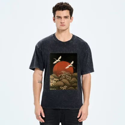 Tokyo-Tiger Japanese Crane Wave Art Washed T-Shirt