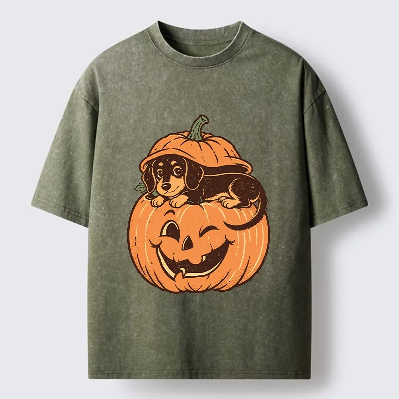 Tokyo‑Tiger Retro Pumpkin Dog Washed T‑Shirt