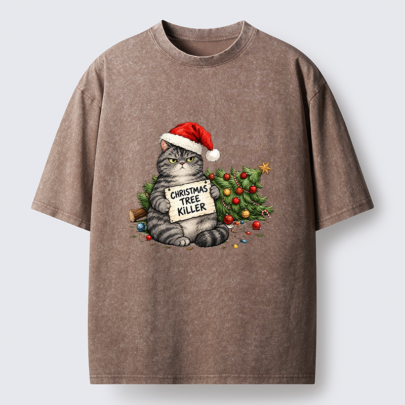 Tokyo-Tiger Playful Cat Messing With Christmas Tree Washed T-Shirt