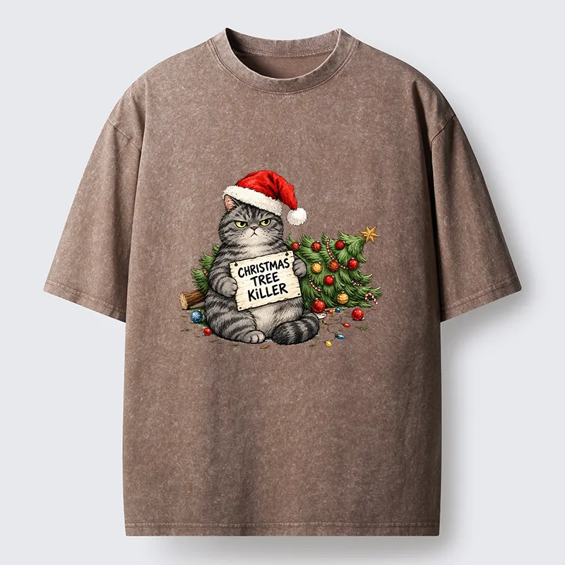 Tokyo-Tiger Playful Cat Messing With Christmas Tree Washed T-Shirt
